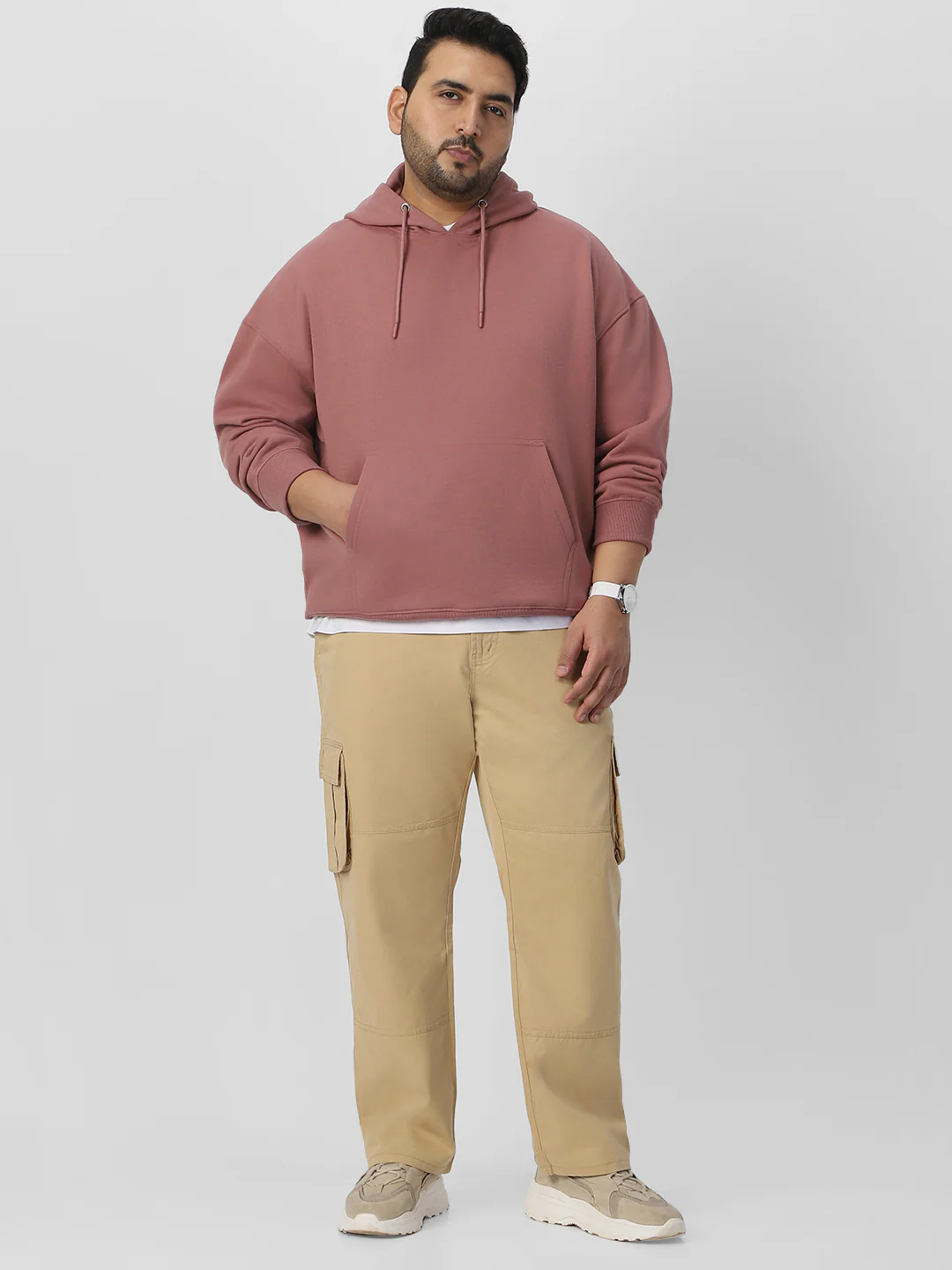 Plus Men's Old Rose Cotton Solid Oversized Hooded Neck Sweatshirt - Image 4
