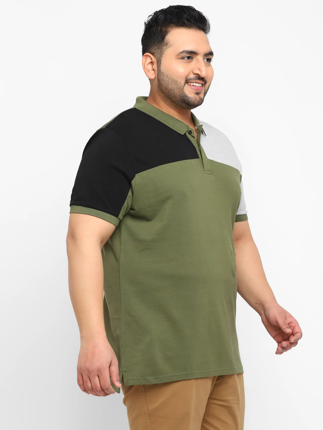 Plus Men's Olive, Black, Grey Melange Colour-Block Regular Fit Half Sleeve Cotton Polo T-Shirt - Image 2