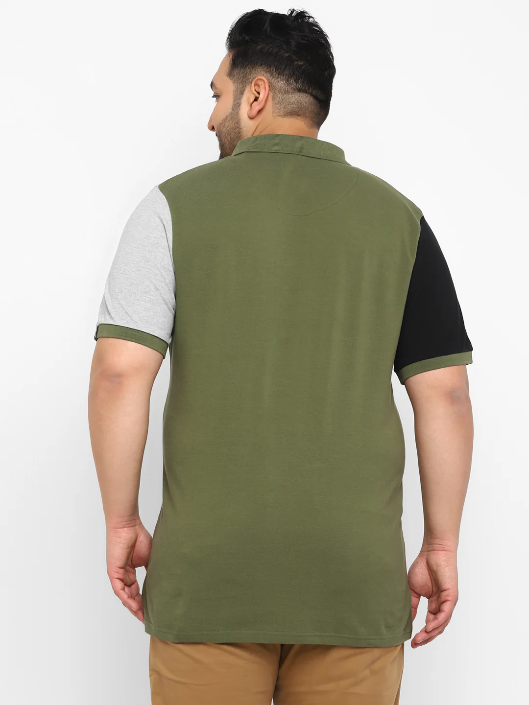 Plus Men's Olive, Black, Grey Melange Colour-Block Regular Fit Half Sleeve Cotton Polo T-Shirt - Image 3