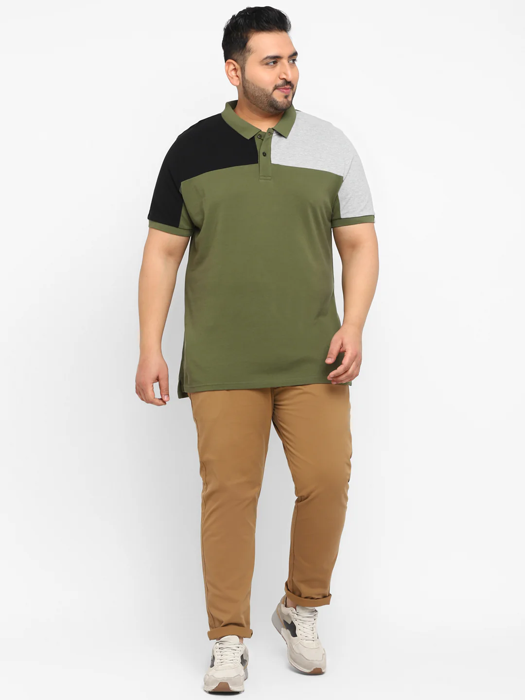 Plus Men's Olive, Black, Grey Melange Colour-Block Regular Fit Half Sleeve Cotton Polo T-Shirt - Image 4