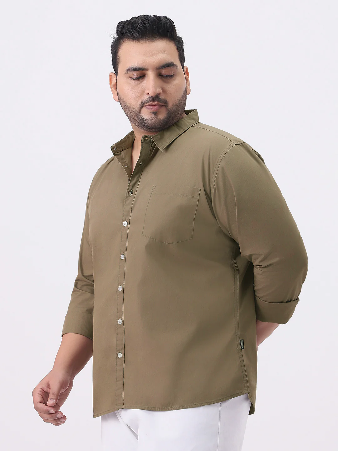 Plus Men's Olive Cotton Full Sleeve Regular Fit Casual Solid Shirt - Image 2