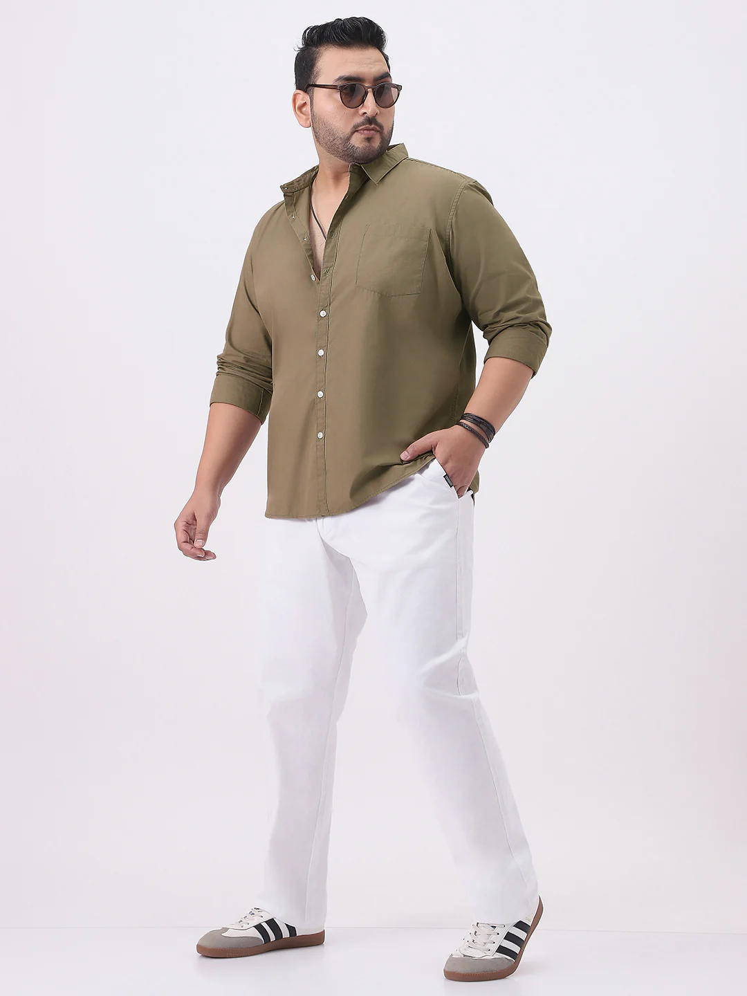 Plus Men's Olive Cotton Full Sleeve Regular Fit Casual Solid Shirt - Image 4