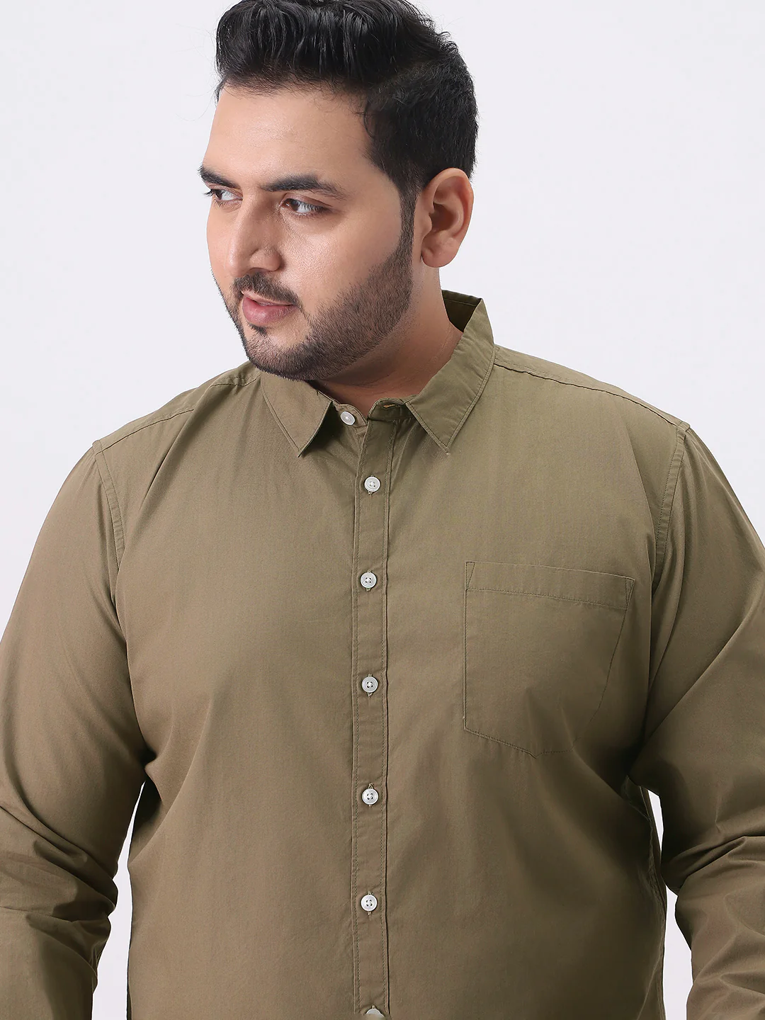 Plus Men's Olive Cotton Full Sleeve Regular Fit Casual Solid Shirt - Image 5