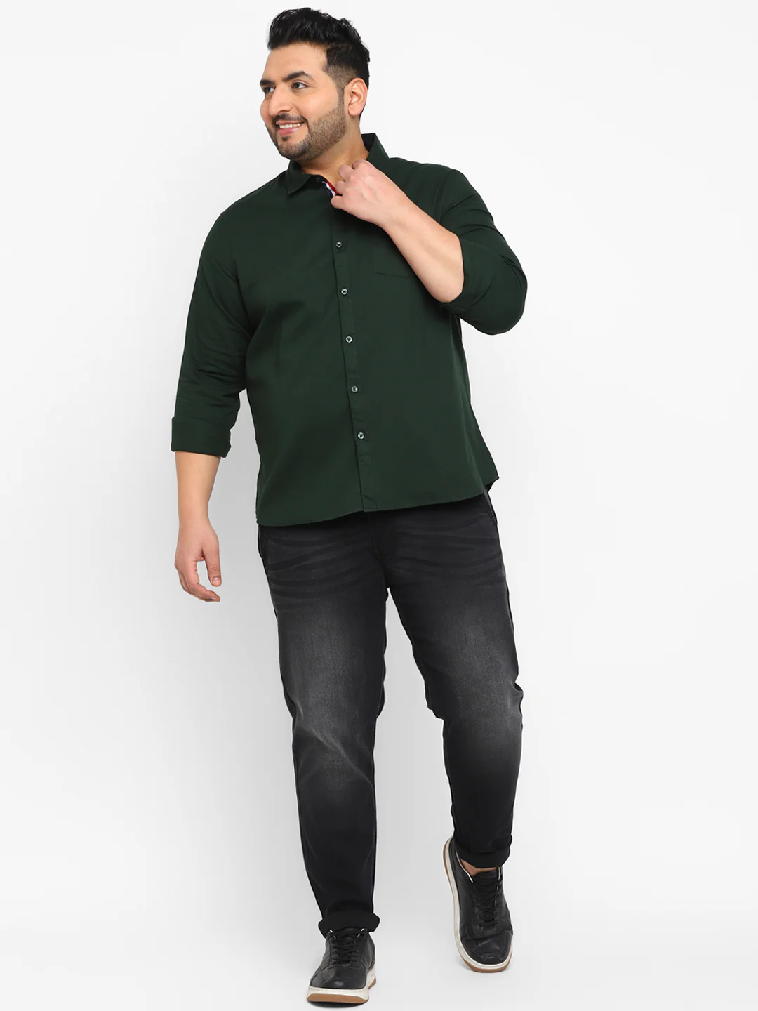 Plus Men's Olive Cotton Full Sleeve Regular Fit Casual Solid Shirt - Image 4