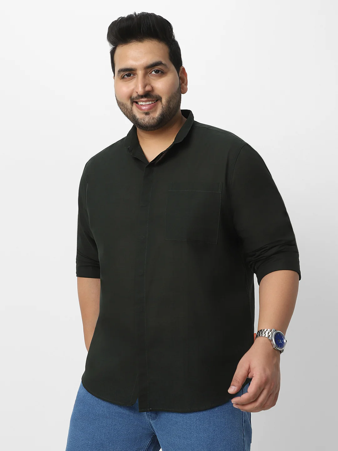 Men's Olive Cotton Full Sleeve Regular Fit Casual Solid Shirt with Band Collar - Image 2
