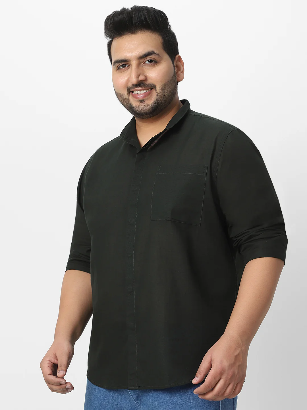 Men's Olive Cotton Full Sleeve Regular Fit Casual Solid Shirt with Band Collar - Image 3