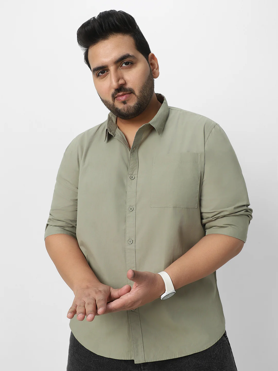 Plus Men's Olive Cotton Full Sleeve Regular Fit Casual Solid Shirt - Image 2