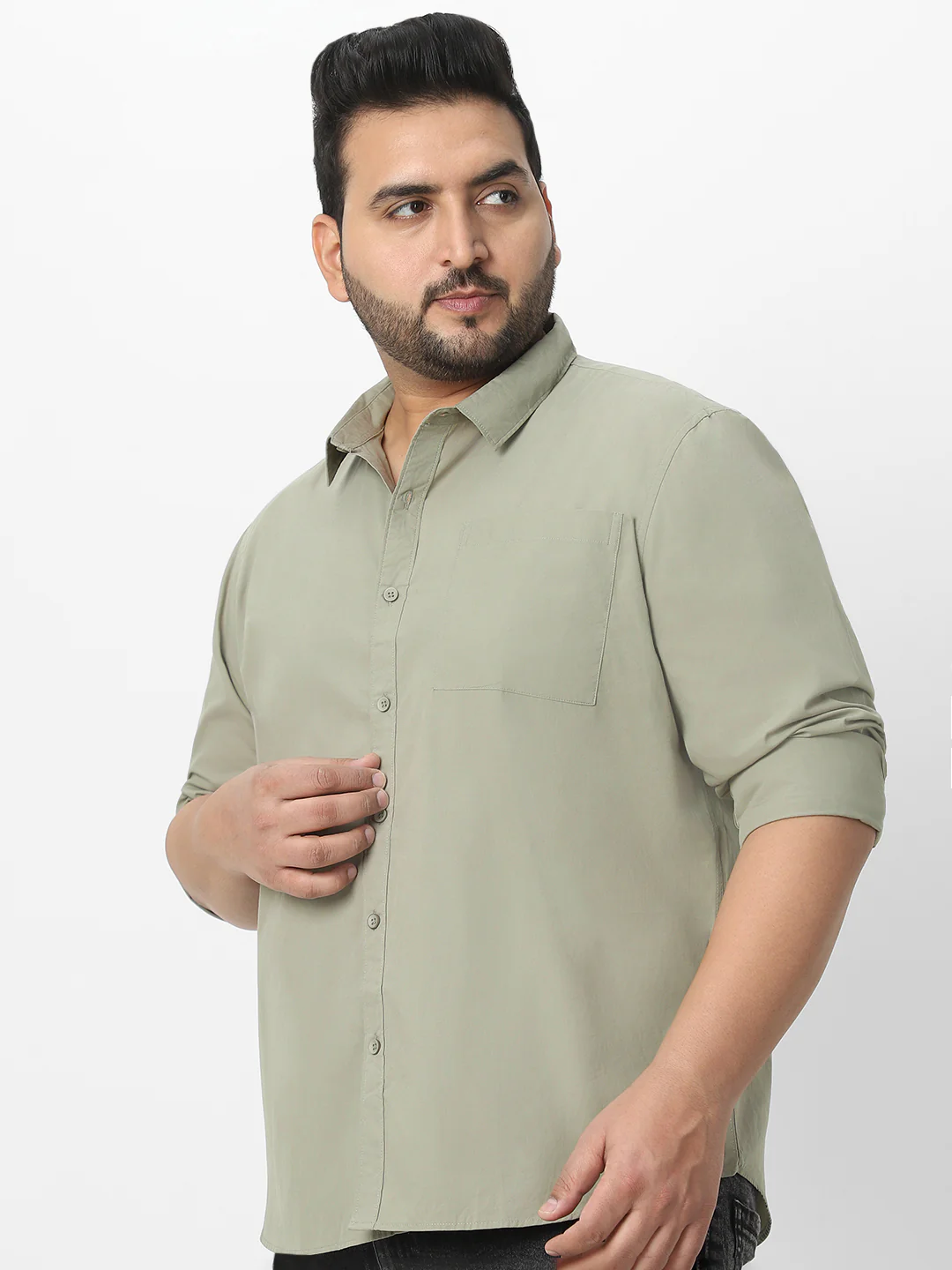 Plus Men's Olive Cotton Full Sleeve Regular Fit Casual Solid Shirt - Image 3