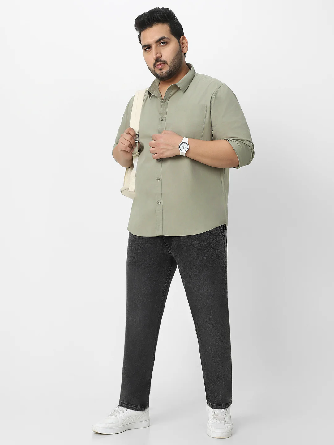 Plus Men's Olive Cotton Full Sleeve Regular Fit Casual Solid Shirt - Image 5