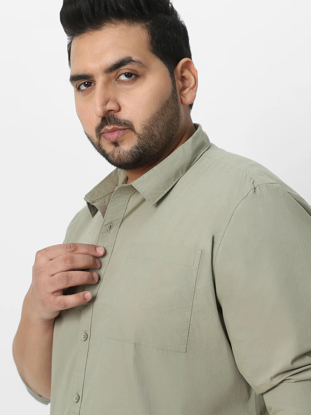 Plus Men's Olive Cotton Full Sleeve Regular Fit Casual Solid Shirt - Image 6
