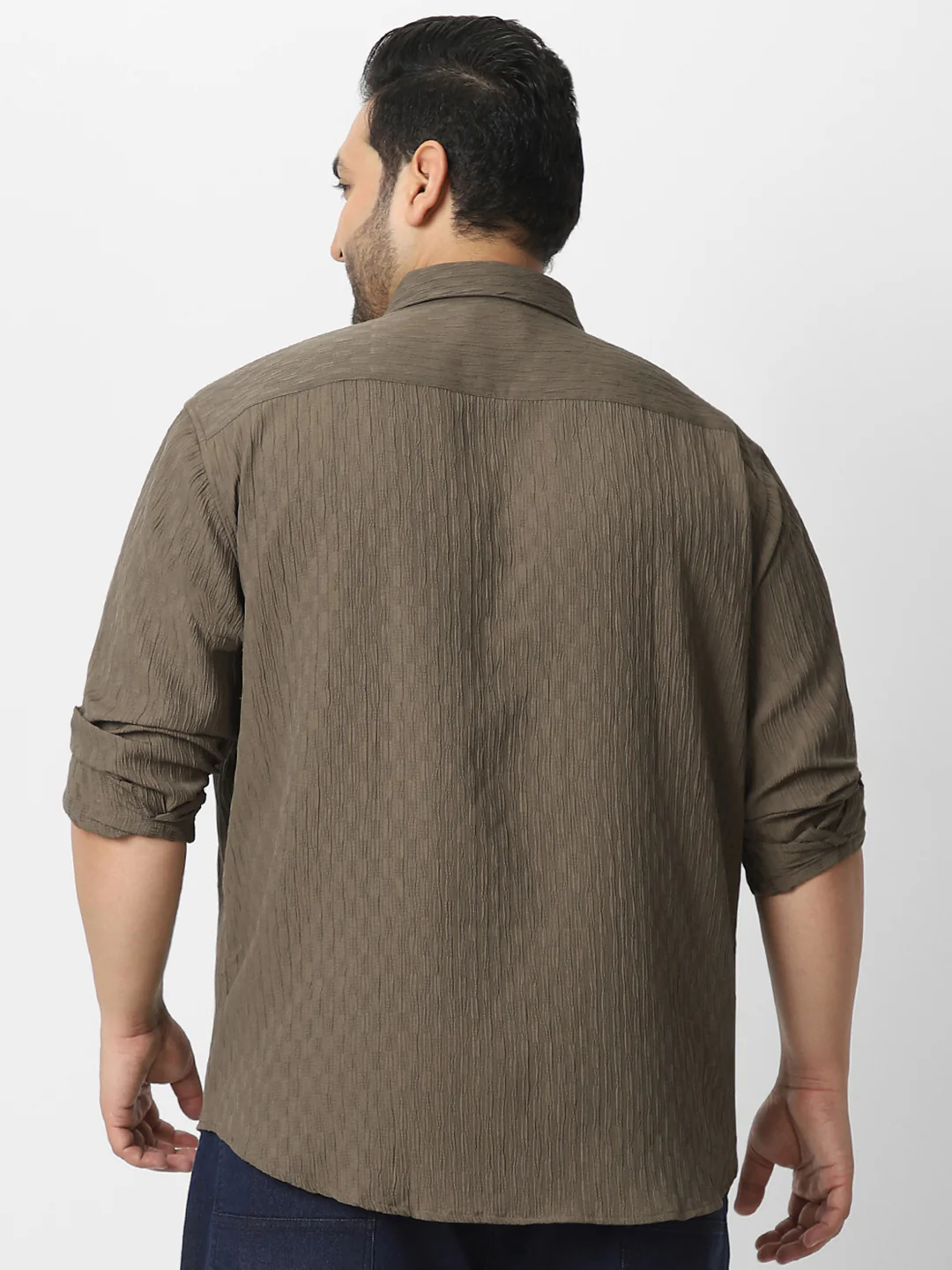 Plus Men's Olive Green Cotton Full Sleeve Regular Fit Textured Shirt with Spread Collar - Image 3