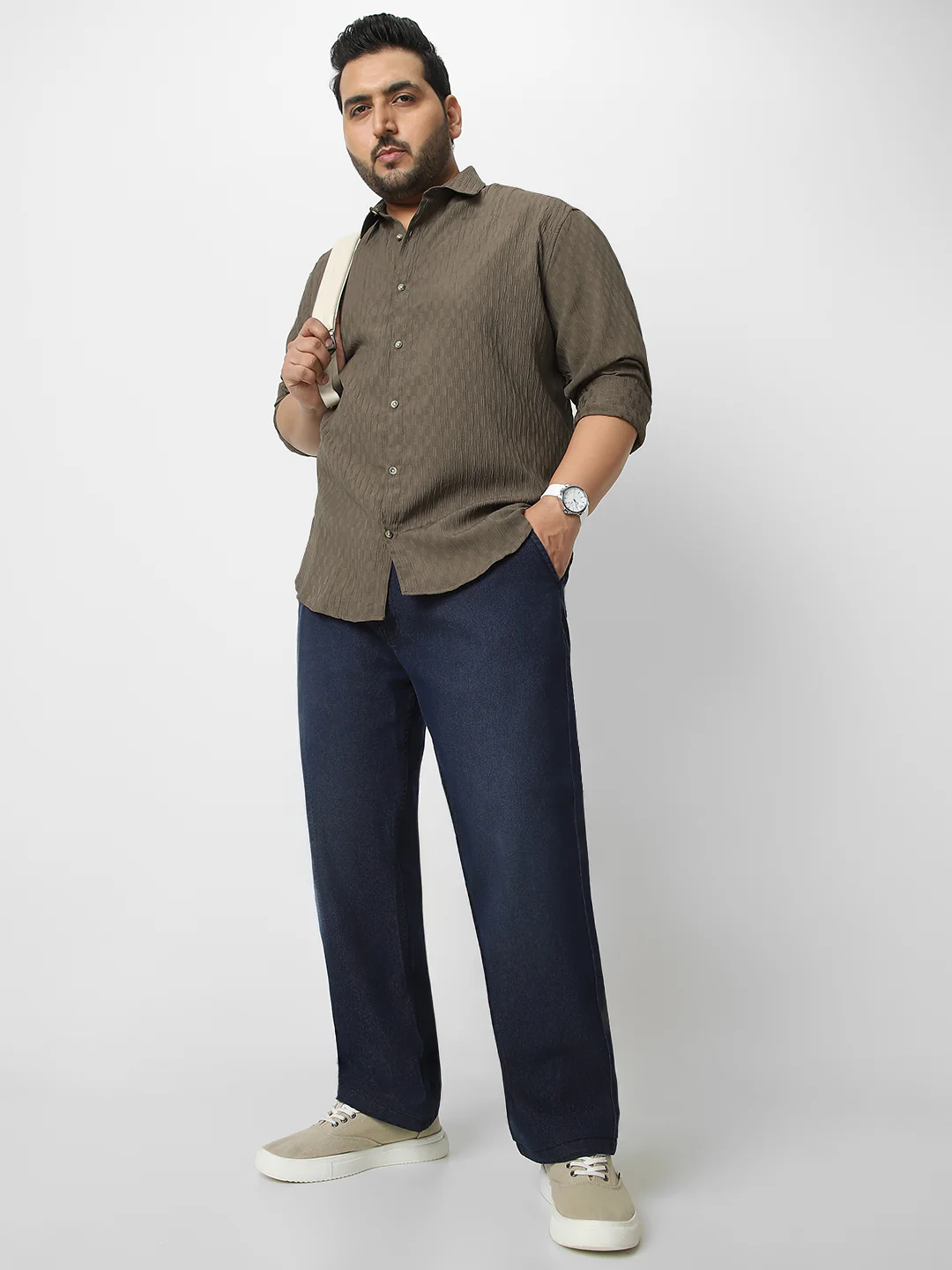Plus Men's Olive Green Cotton Full Sleeve Regular Fit Textured Shirt with Spread Collar - Image 4