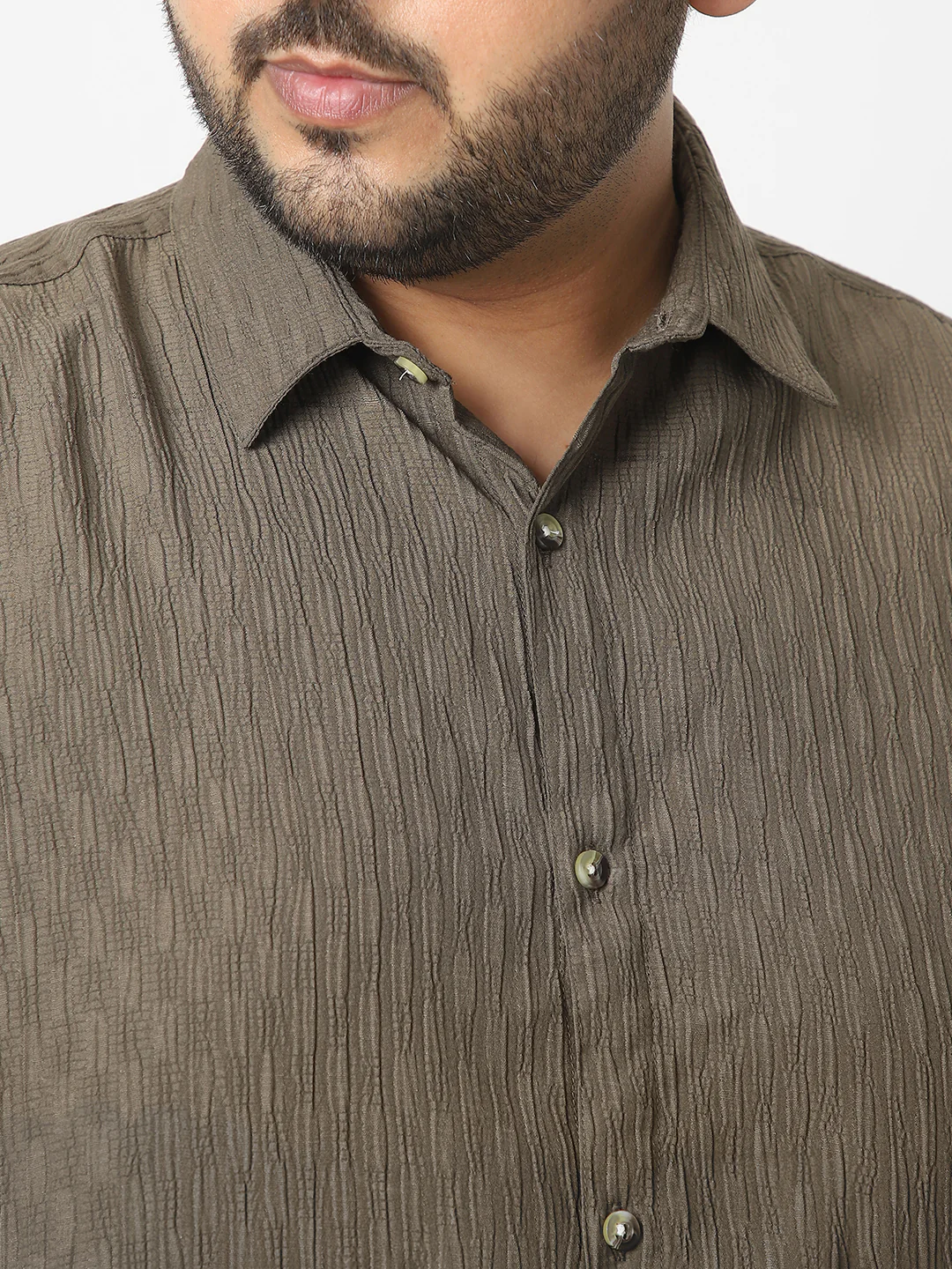 Plus Men's Olive Green Cotton Full Sleeve Regular Fit Textured Shirt with Spread Collar - Image 5