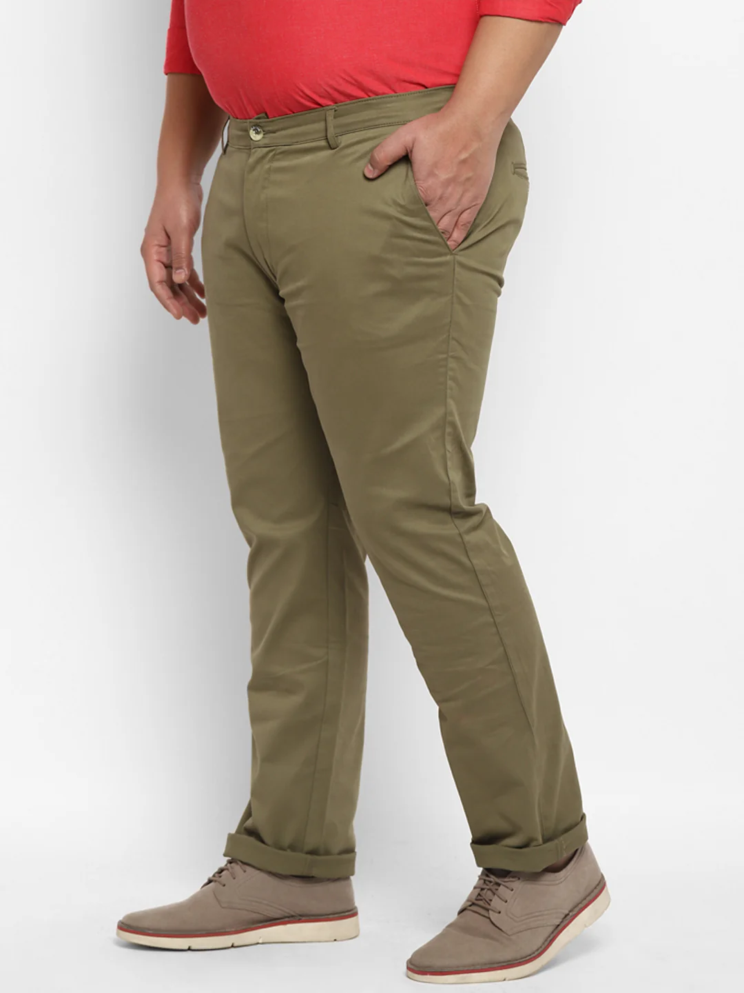 Plus Men's Olive Green Cotton Regular Fit Casual Chinos Trousers Stretch - Image 2