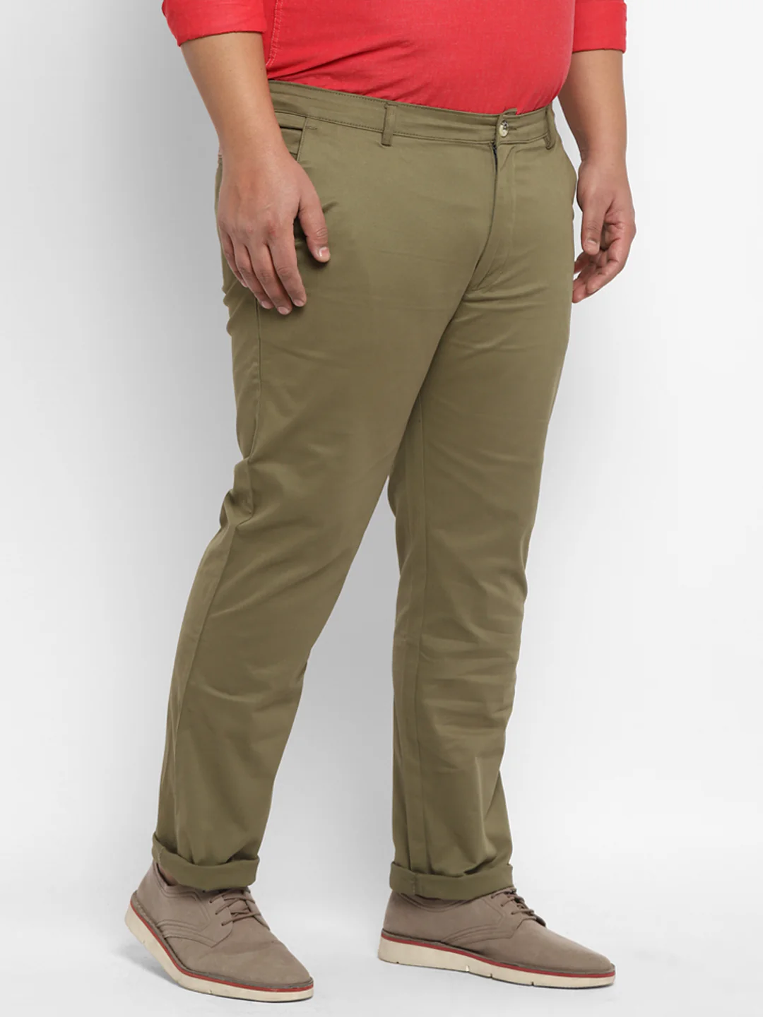 Plus Men's Olive Green Cotton Regular Fit Casual Chinos Trousers Stretch - Image 3