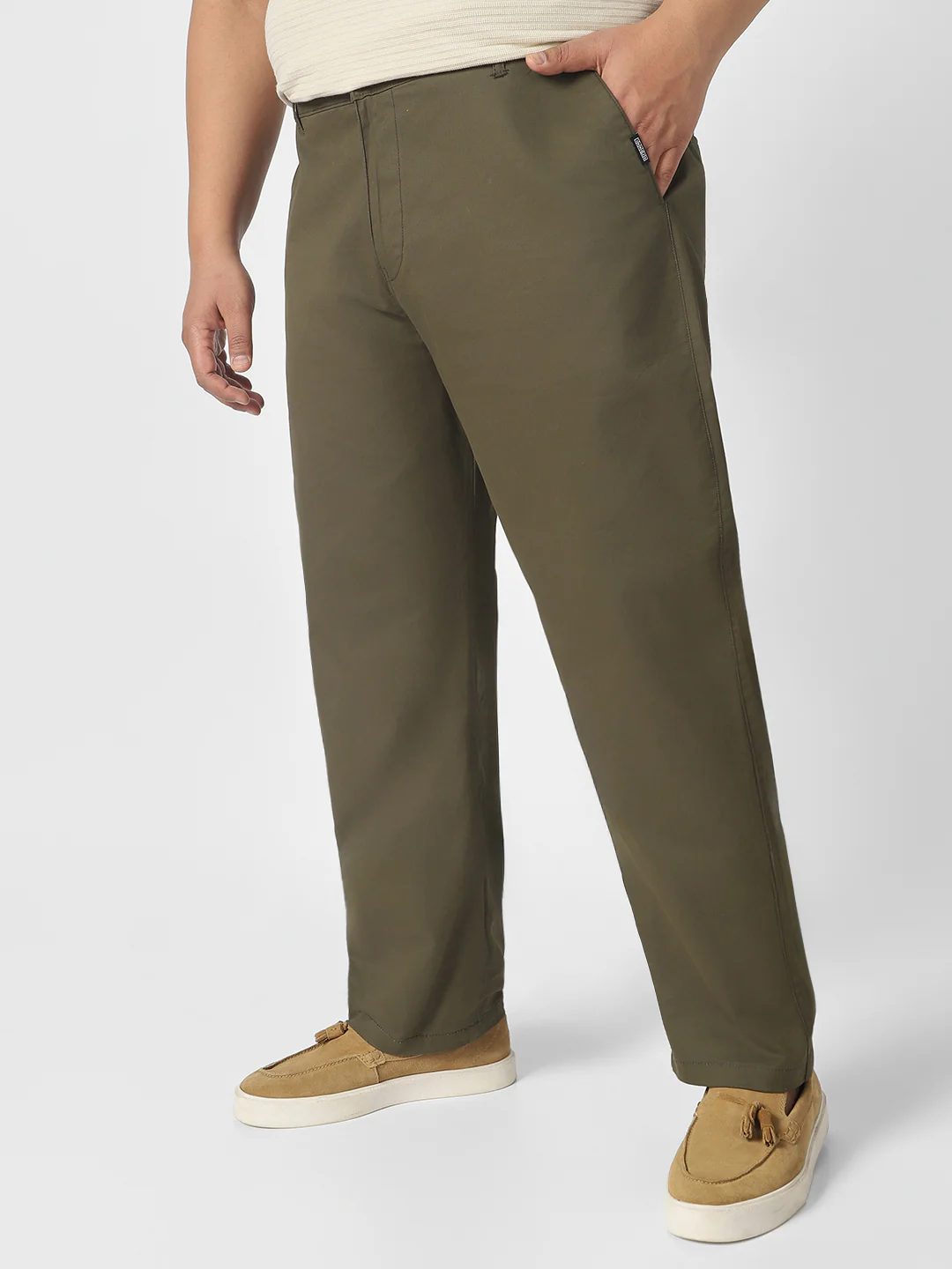 Plus Men's Olive Green Cotton Regular Fit Casual Chinos Trousers Stretch - Image 2