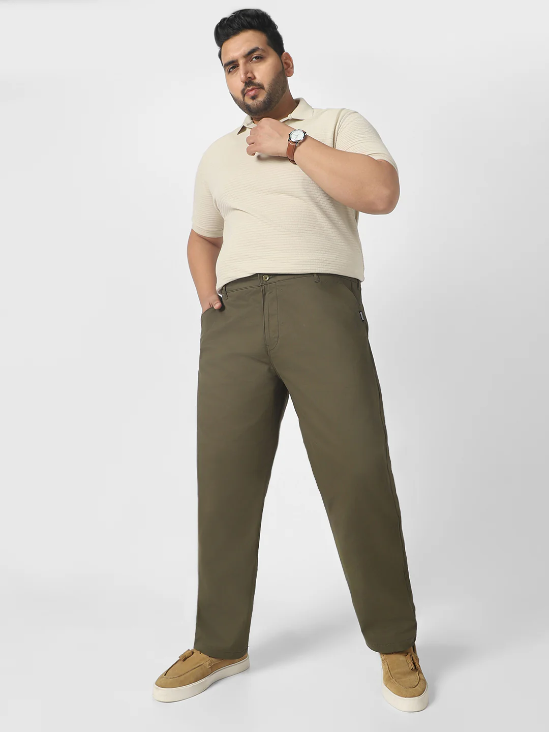 Plus Men's Olive Green Cotton Regular Fit Casual Chinos Trousers Stretch - Image 4