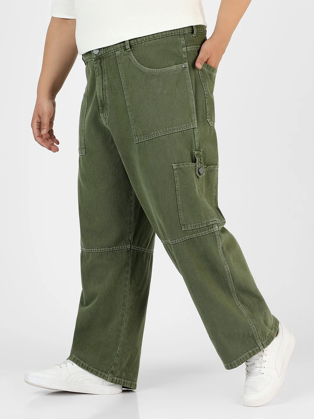 Plus Men's Olive Green Loose Baggy Fit Washed Cargo Jeans with 6 Pockets Non-Stretchable - Image 2