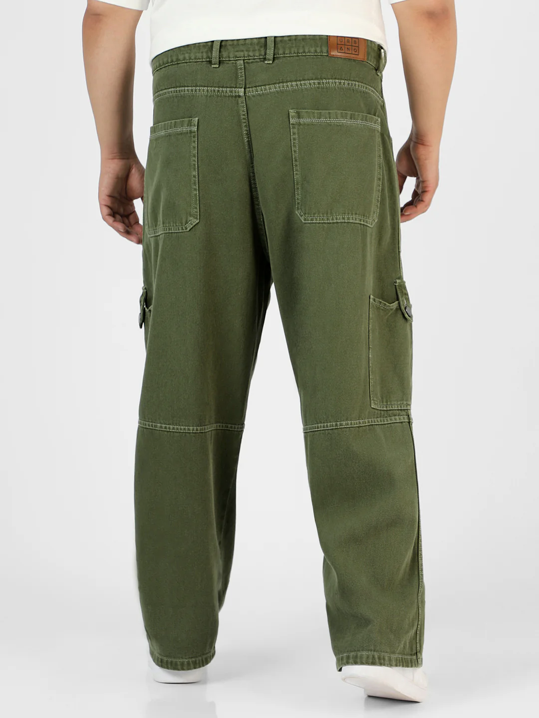 Plus Men's Olive Green Loose Baggy Fit Washed Cargo Jeans with 6 Pockets Non-Stretchable - Image 3