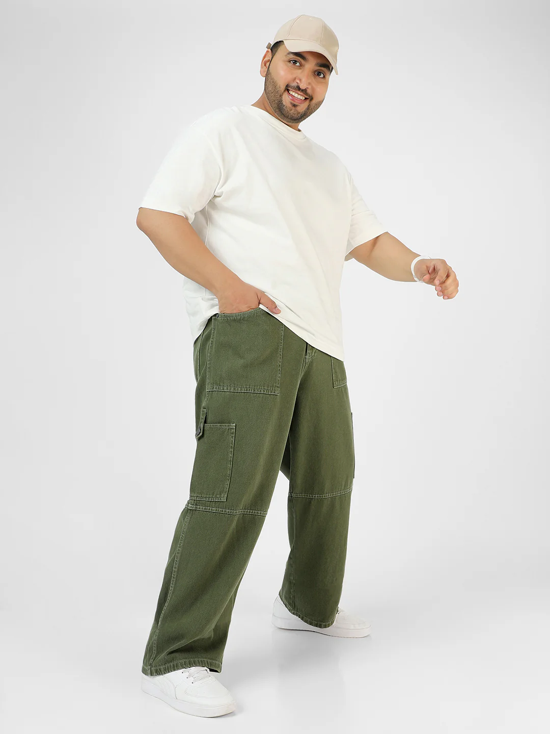 Plus Men's Olive Green Loose Baggy Fit Washed Cargo Jeans with 6 Pockets Non-Stretchable - Image 4
