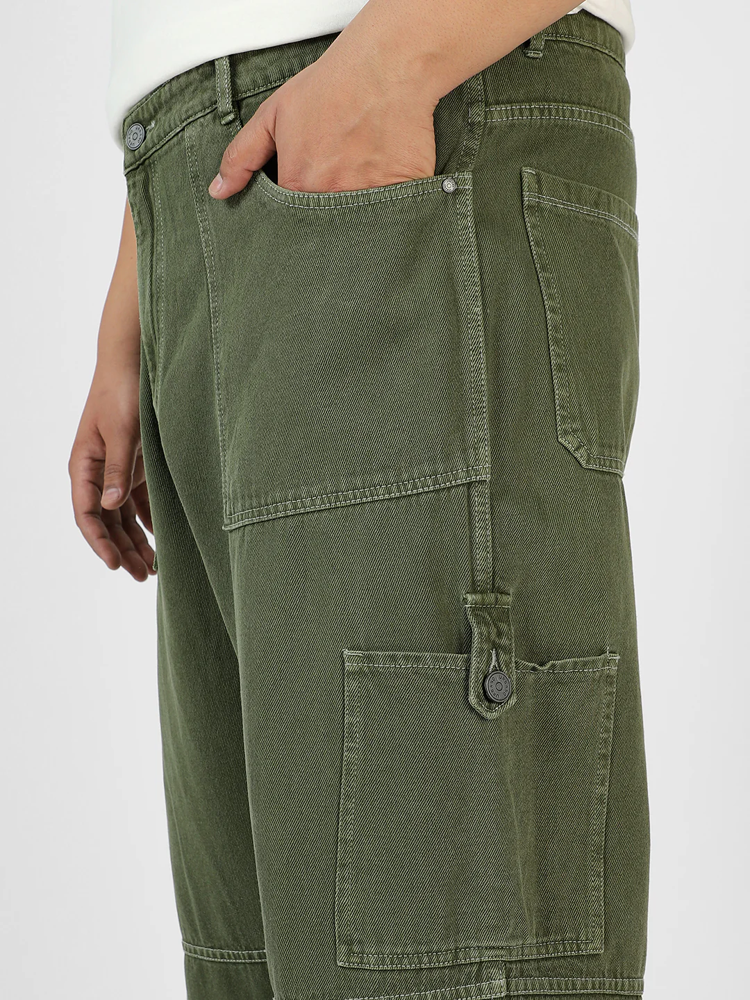 Plus Men's Olive Green Loose Baggy Fit Washed Cargo Jeans with 6 Pockets Non-Stretchable - Image 5