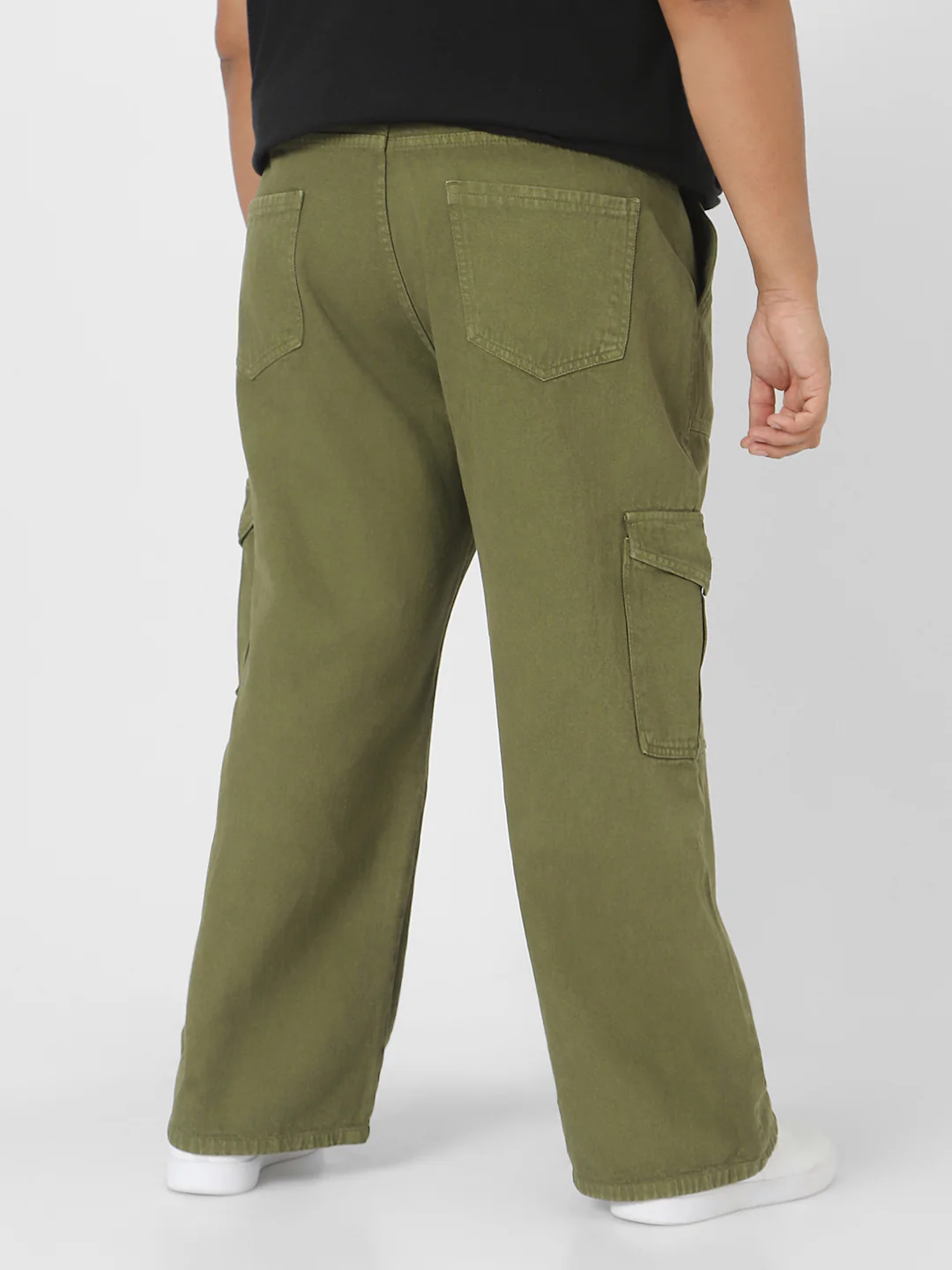 Plus Men's Olive Green Loose Fit Cargo Jeans with 6 Pockets Non-Stretchable - Image 3