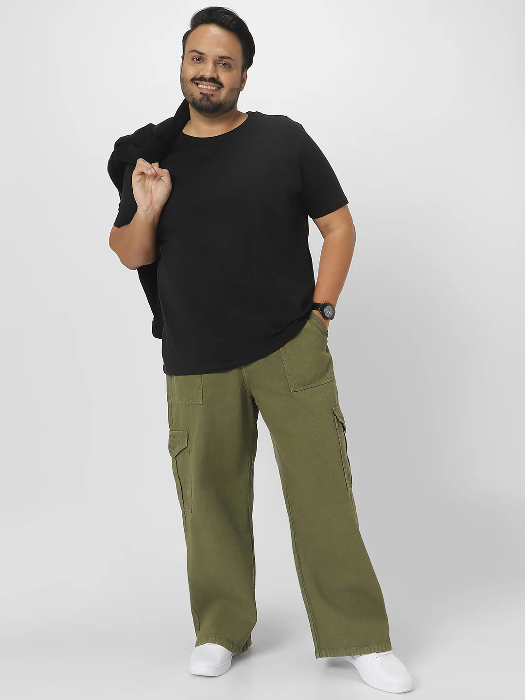 Plus Men's Olive Green Loose Fit Cargo Jeans with 6 Pockets Non-Stretchable - Image 4