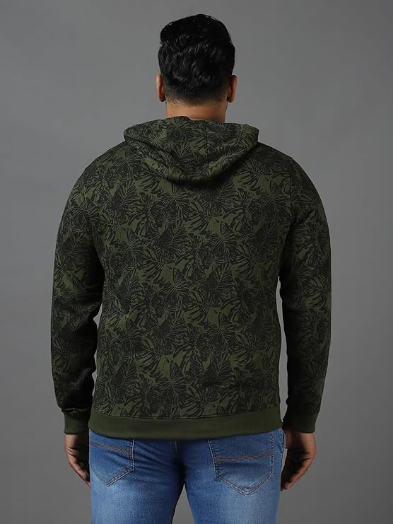 Plus Men's Olive Green Regular Fit Printed Full Sleeve Casual Winterwear Hooded Sweatshirt - Image 3