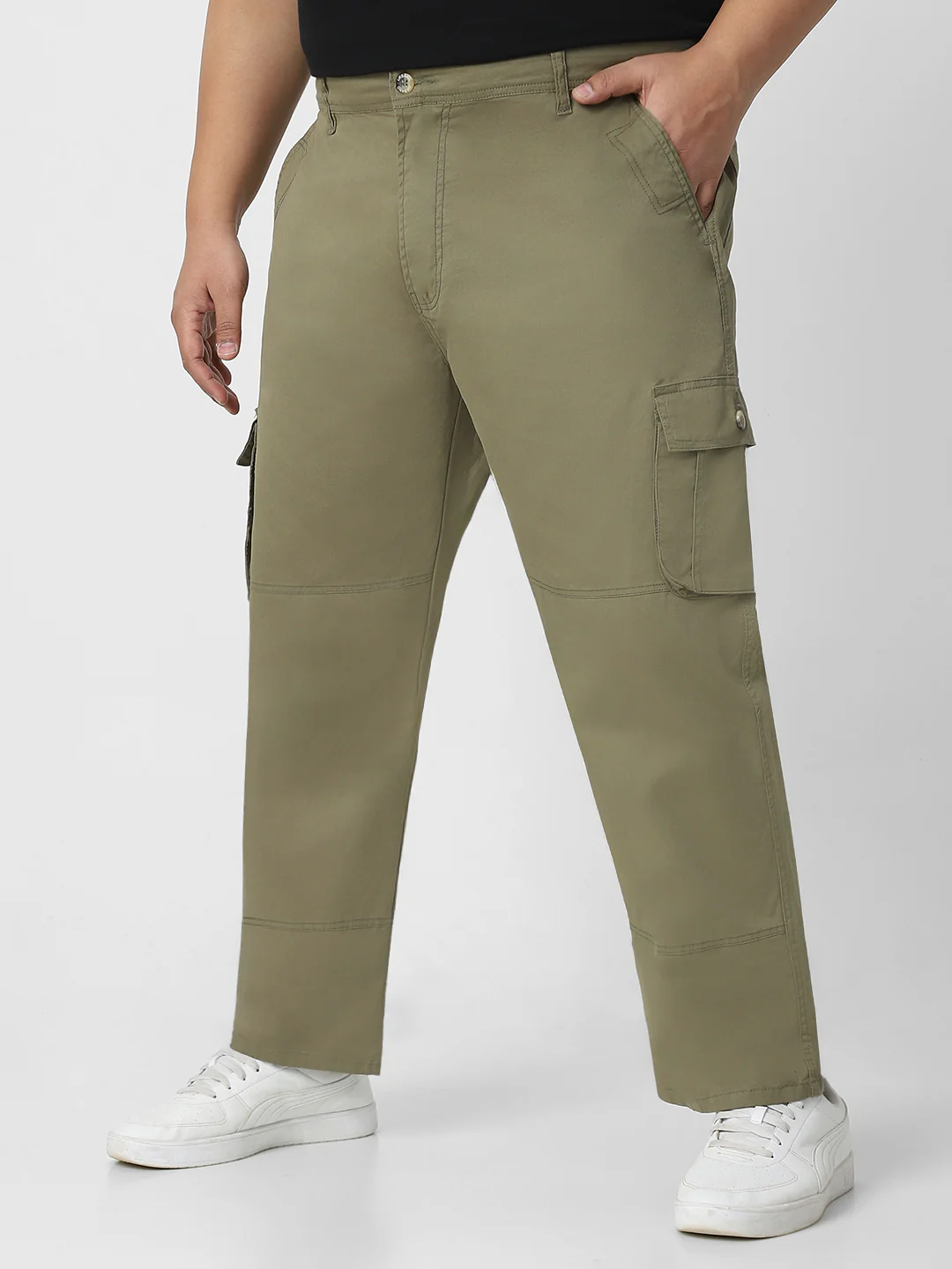 Plus Men's Olive Green Regular Fit Solid Cargo Chino Pant with 6 Pockets - Image 3