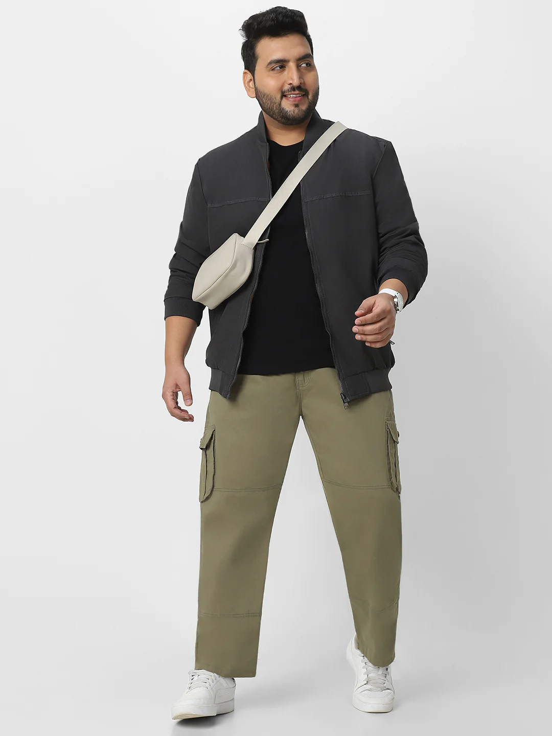 Plus Men's Olive Green Regular Fit Solid Cargo Chino Pant with 6 Pockets - Image 5