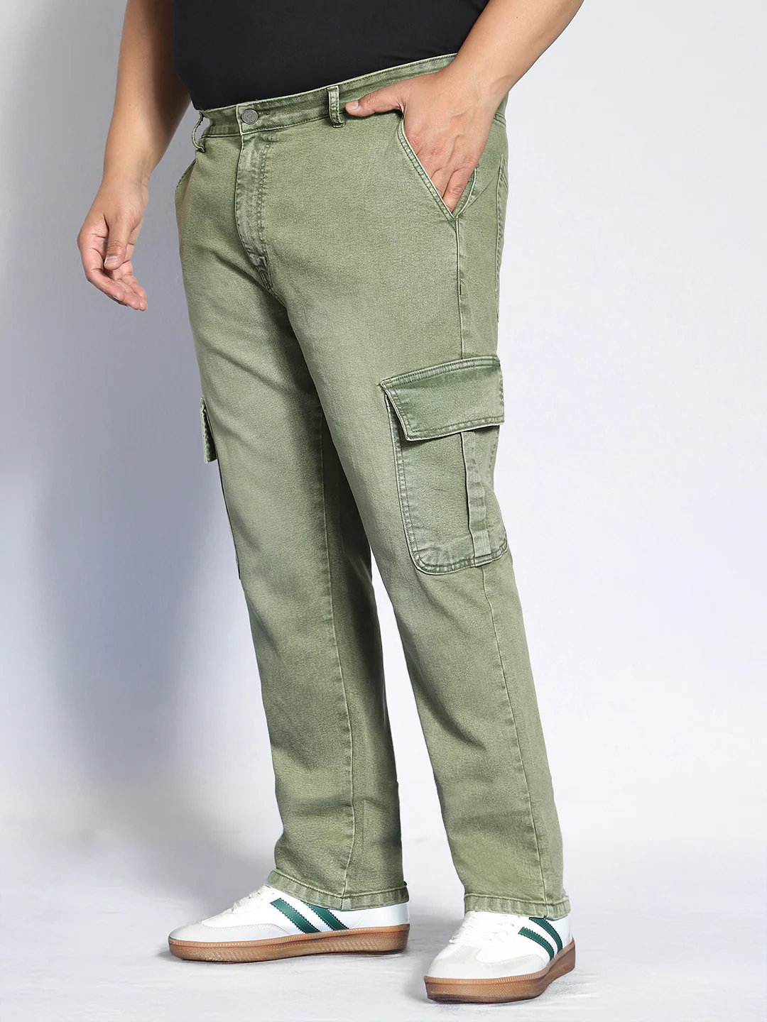 Plus Men's Olive Green Regular Fit Washed Cargo Jeans With 6 Pockets Stretchable - Image 2