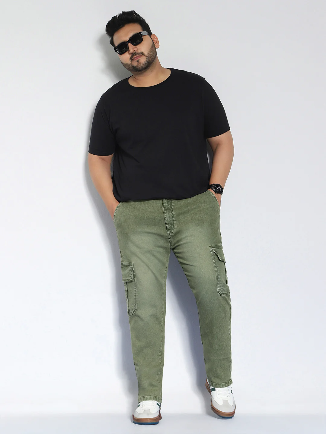 Plus Men's Olive Green Regular Fit Washed Cargo Jeans With 6 Pockets Stretchable - Image 4