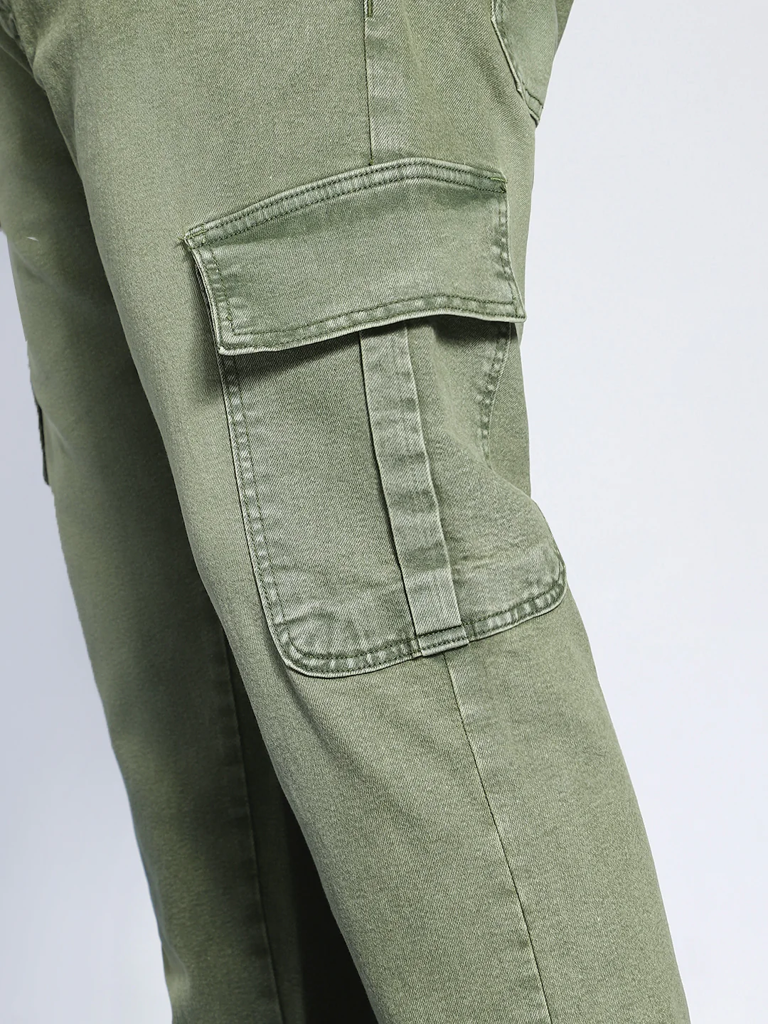 Plus Men's Olive Green Regular Fit Washed Cargo Jeans With 6 Pockets Stretchable - Image 5