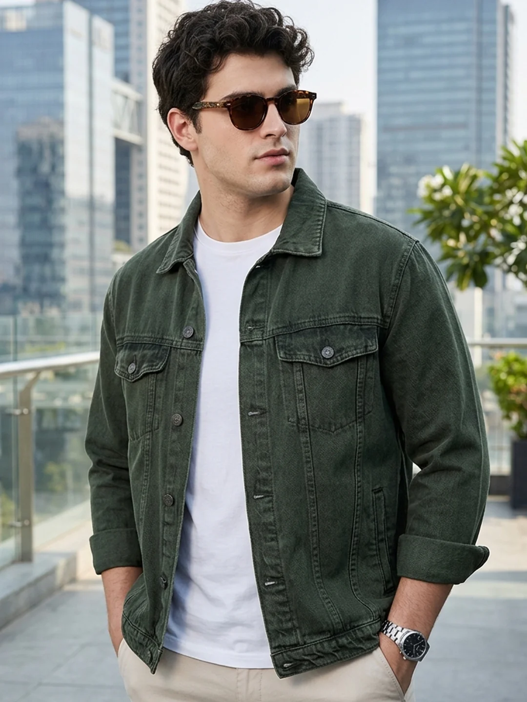 Plus Men's Olive Green Regular Fit Washed Full Sleeve Denim Jacket
