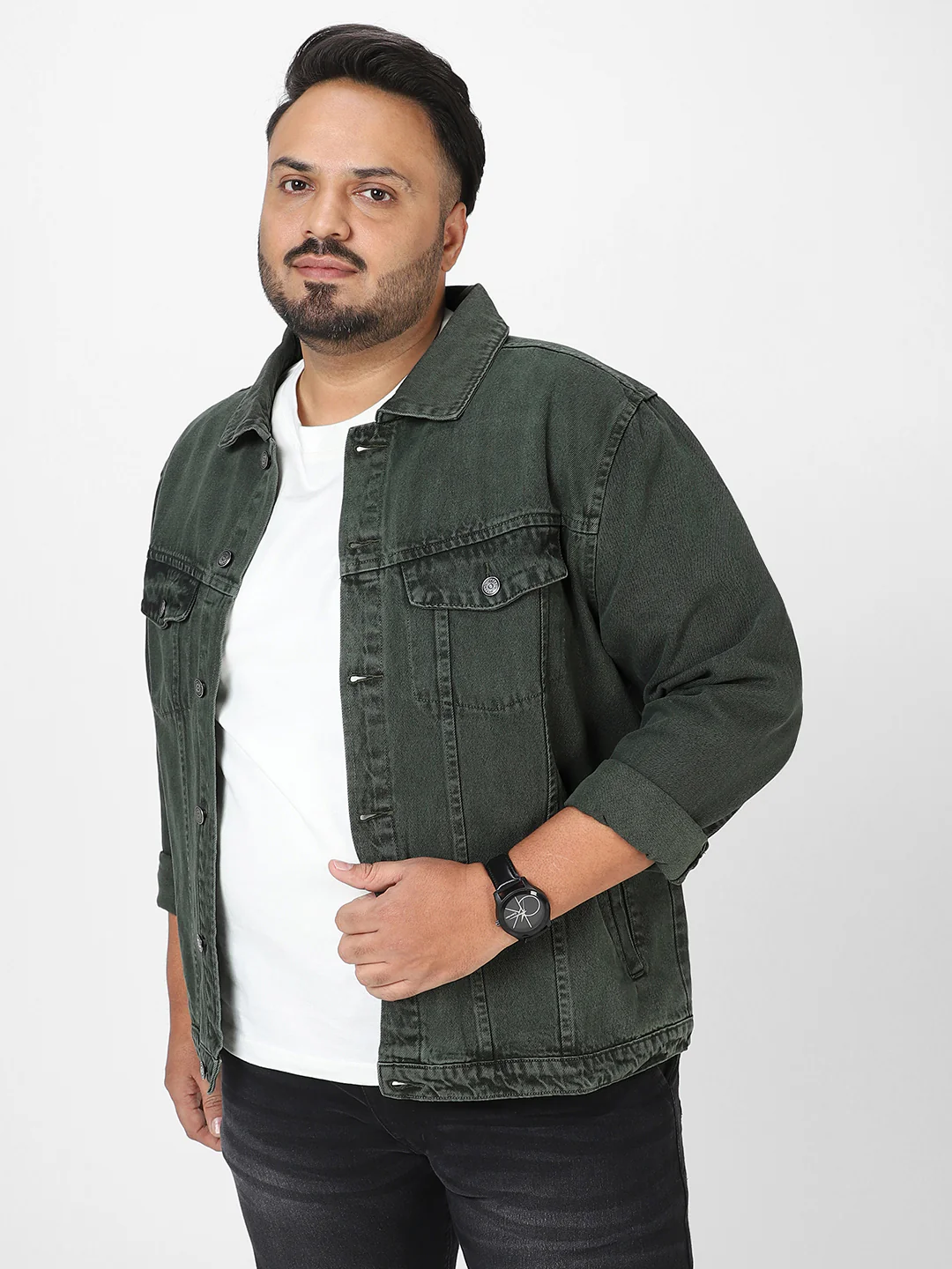 Plus Men's Olive Green Regular Fit Washed Full Sleeve Denim Jacket - Image 2