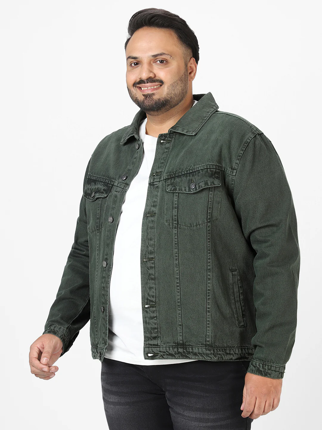 Plus Men's Olive Green Regular Fit Washed Full Sleeve Denim Jacket - Image 3