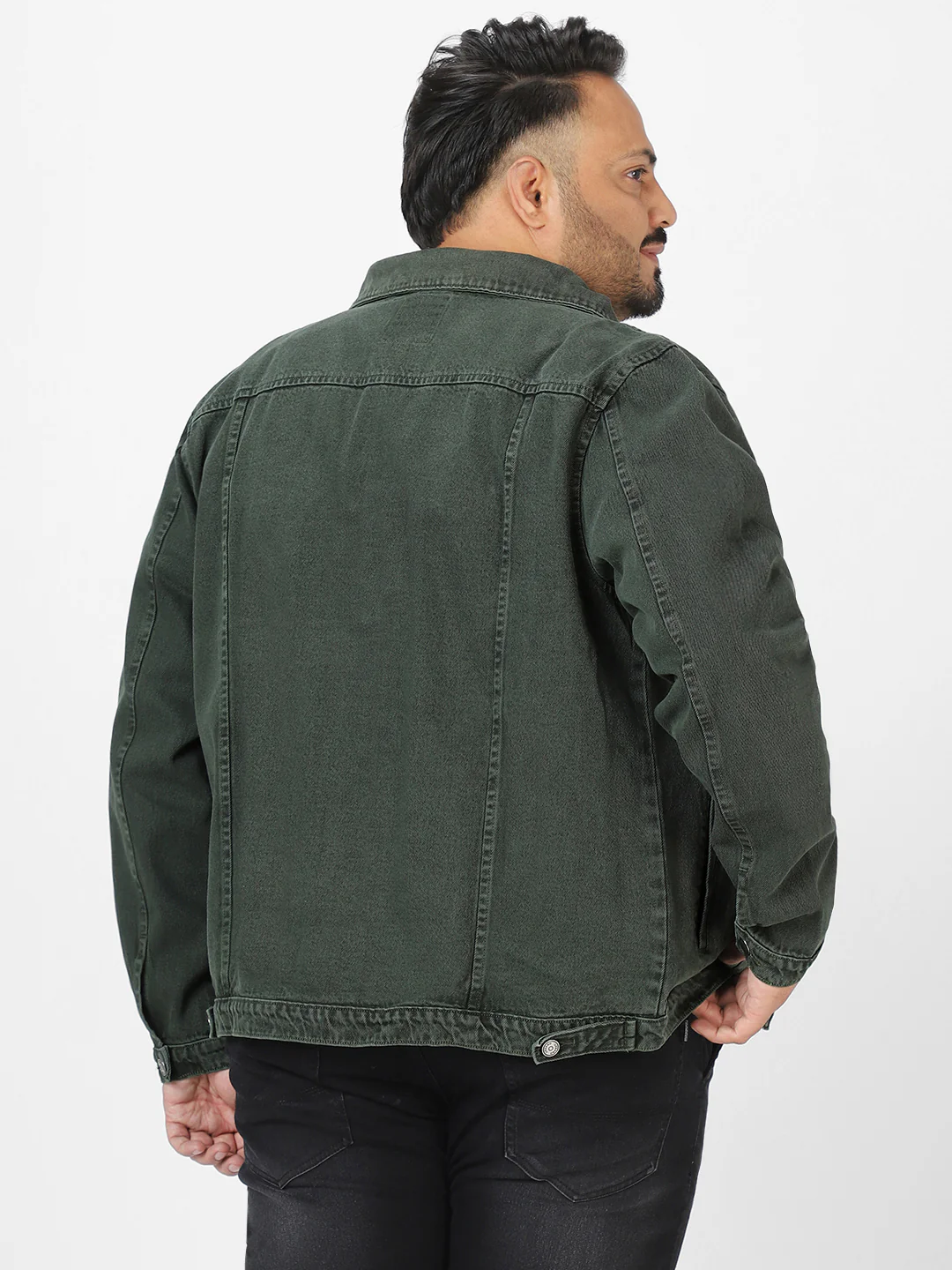 Plus Men's Olive Green Regular Fit Washed Full Sleeve Denim Jacket - Image 4