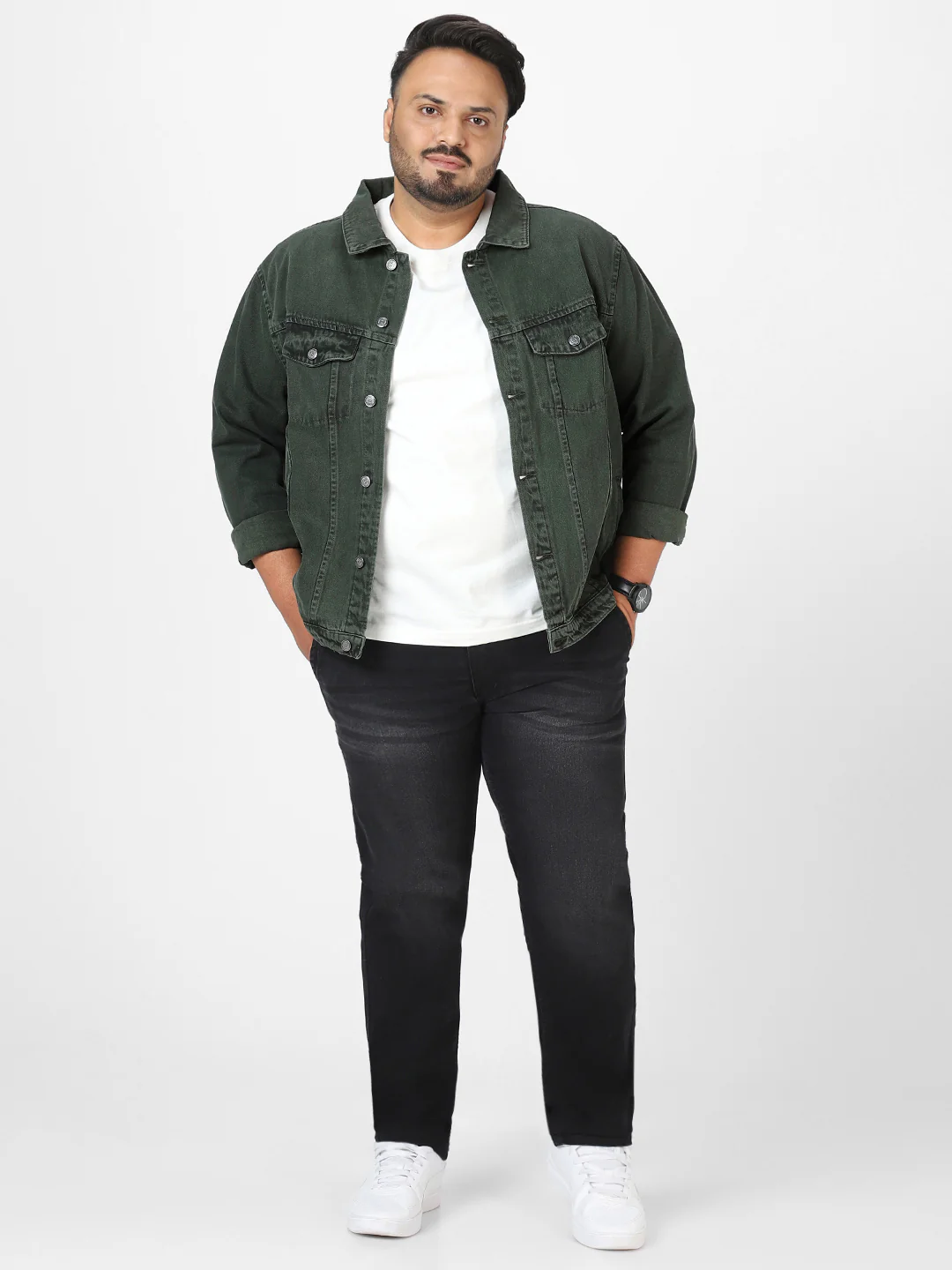 Plus Men's Olive Green Regular Fit Washed Full Sleeve Denim Jacket - Image 5