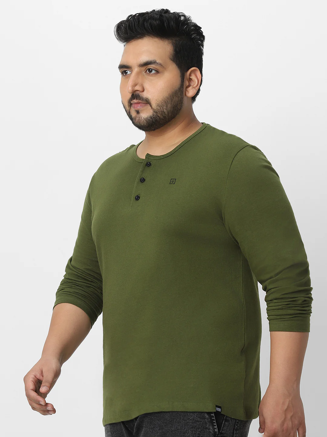 Plus Men's Olive Green Solid Henley Neck Regular Fit Full Sleeve Cotton T-Shirt - Image 3