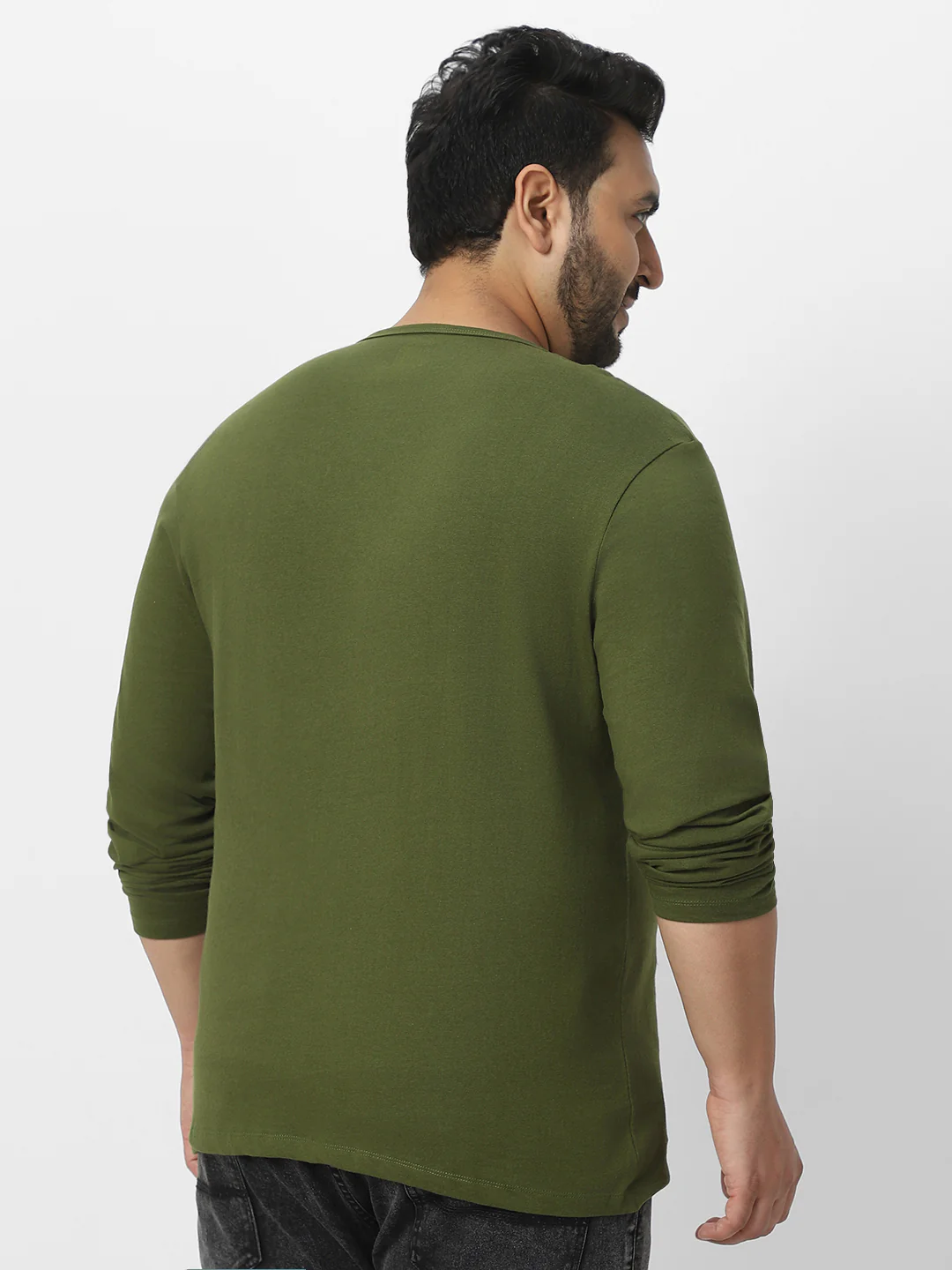 Plus Men's Olive Green Solid Henley Neck Regular Fit Full Sleeve Cotton T-Shirt - Image 4