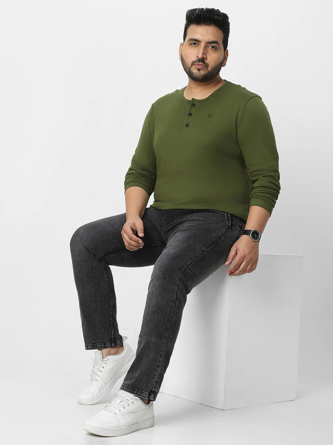 Plus Men's Olive Green Solid Henley Neck Regular Fit Full Sleeve Cotton T-Shirt - Image 5