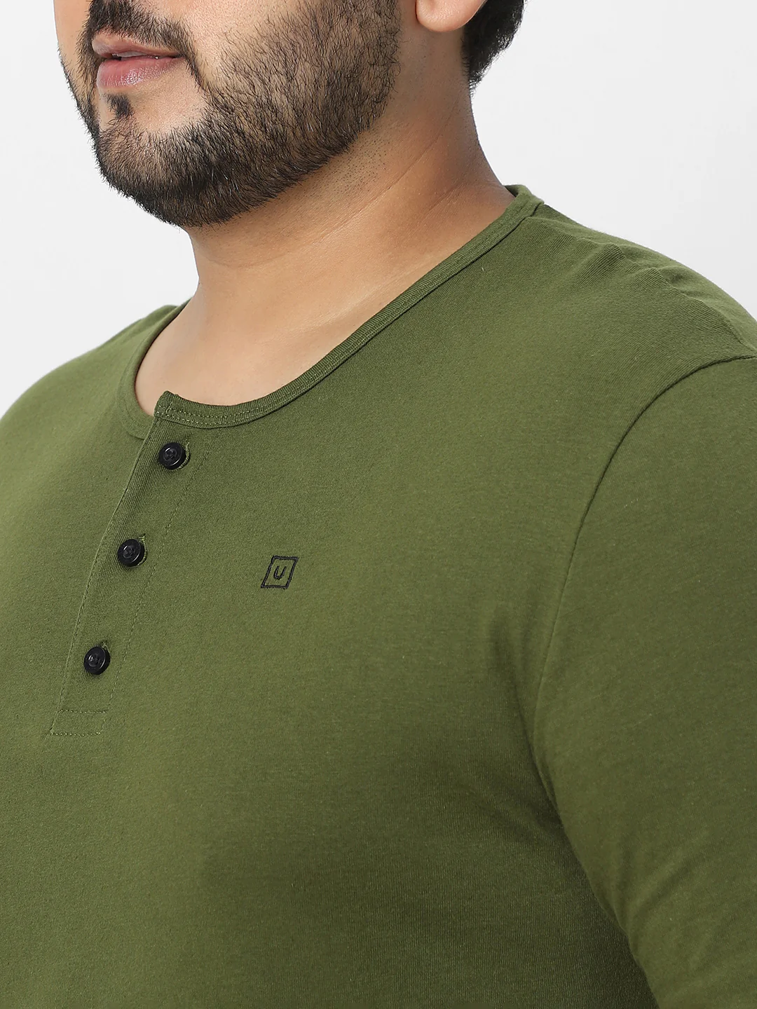 Plus Men's Olive Green Solid Henley Neck Regular Fit Full Sleeve Cotton T-Shirt - Image 6