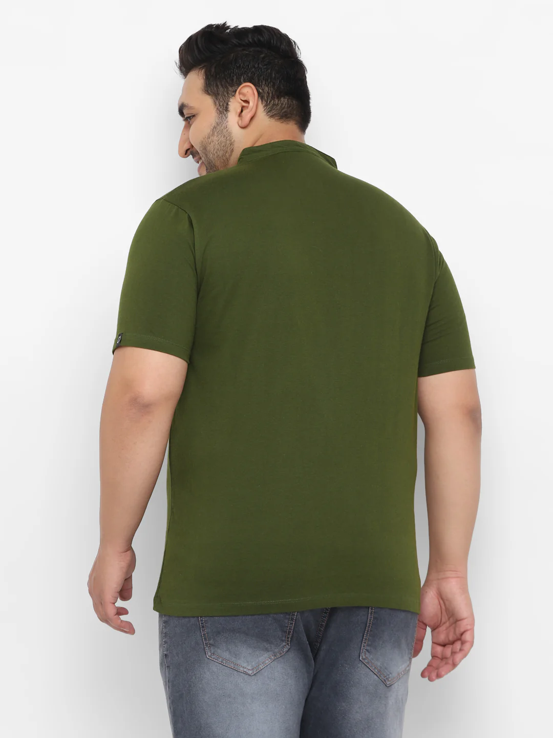 Plus Men's Olive Green Solid Mandarin Collar Regular Fit Cotton T-Shirt - Image 3