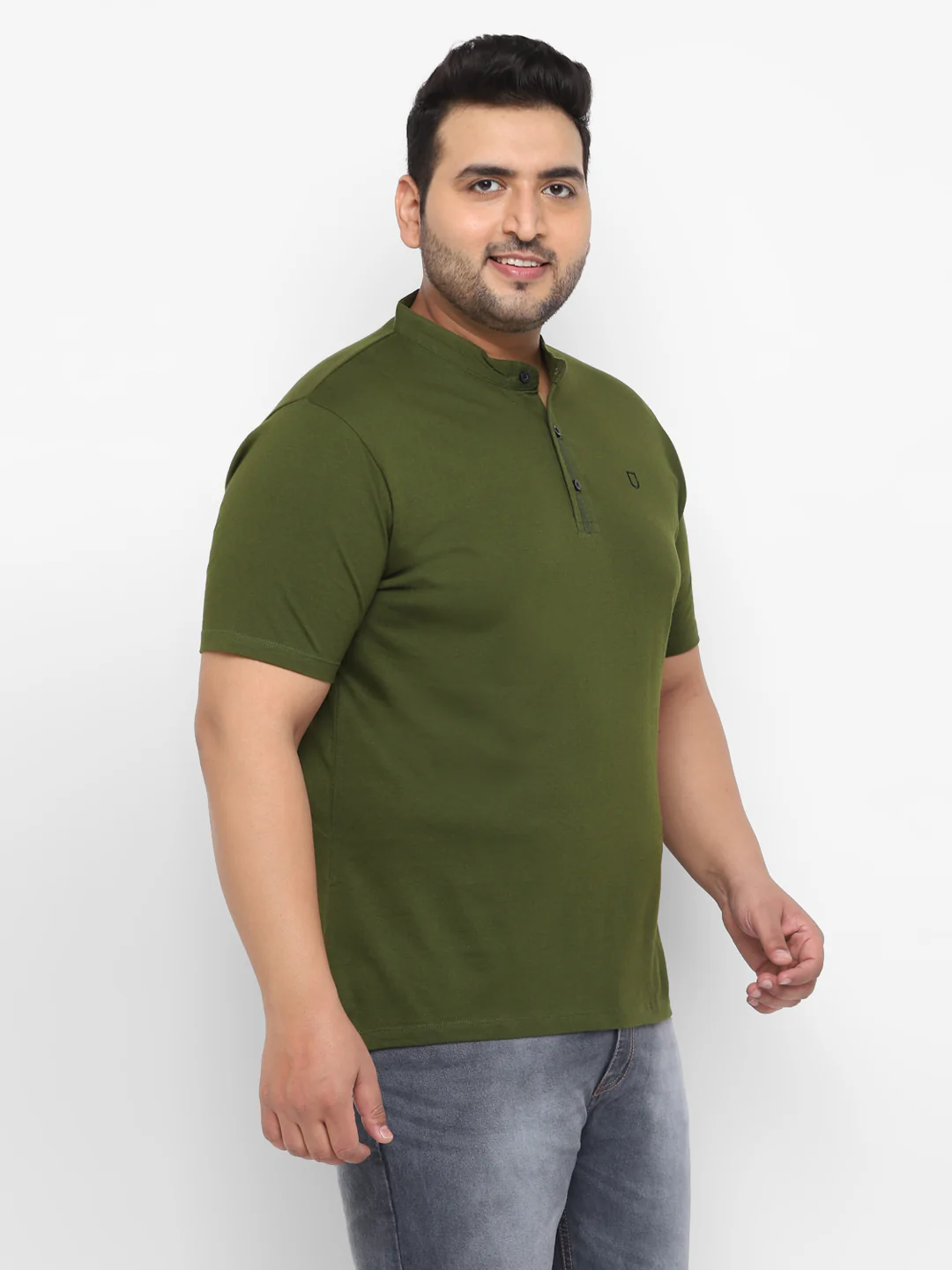 Plus Men's Olive Green Solid Mandarin Collar Regular Fit Cotton T-Shirt - Image 4