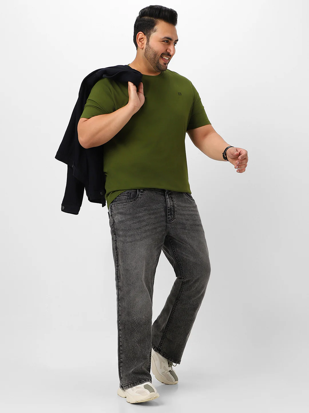 Plus Men's Olive Green Solid Regular Fit Round Neck Cotton T-Shirt - Image 5