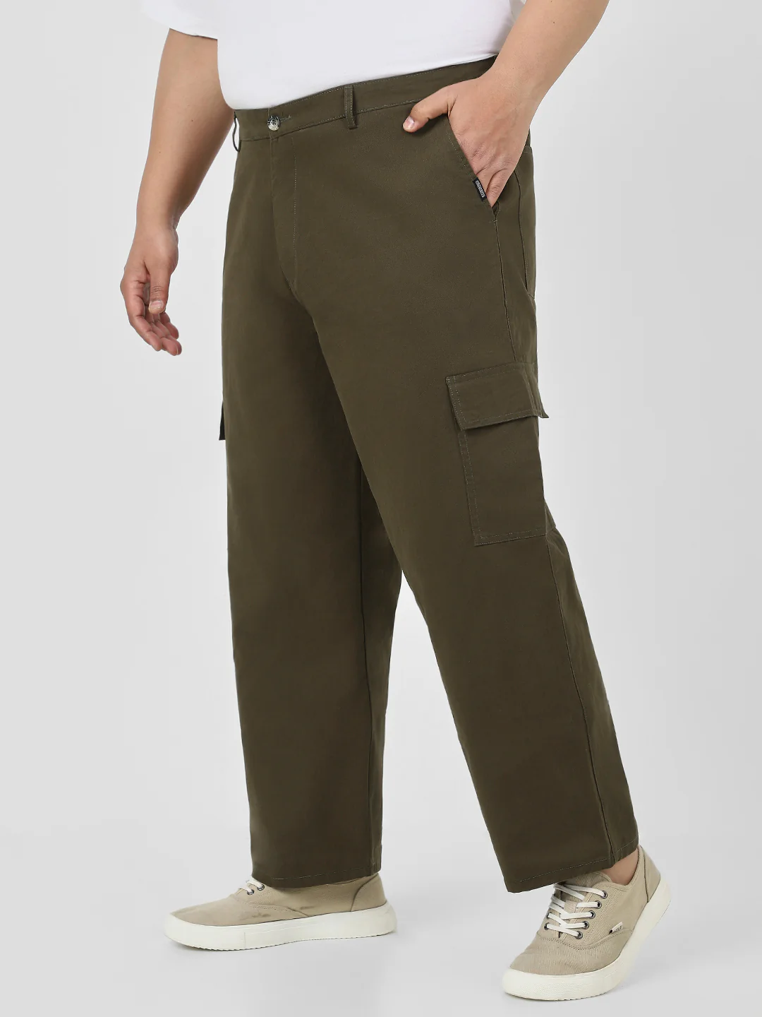 Plus Men's Olive Loose Baggy Fit Solid Cargo Chino Pant with 6 Pockets Non-Stretchable - Image 2