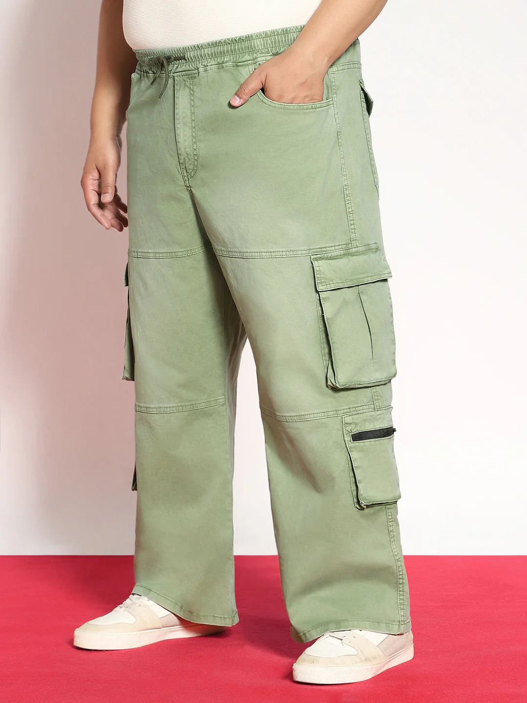 Plus Men's Olive Loose Baggy Fit Travel Cargo Jeans With 8 Pockets Stretchable - Image 2