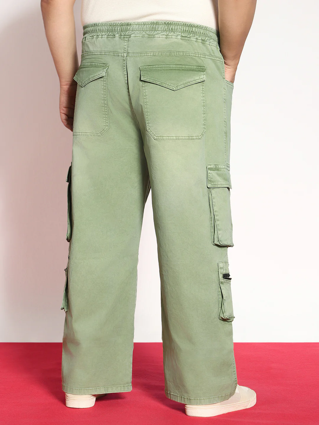 Plus Men's Olive Loose Baggy Fit Travel Cargo Jeans With 8 Pockets Stretchable - Image 3