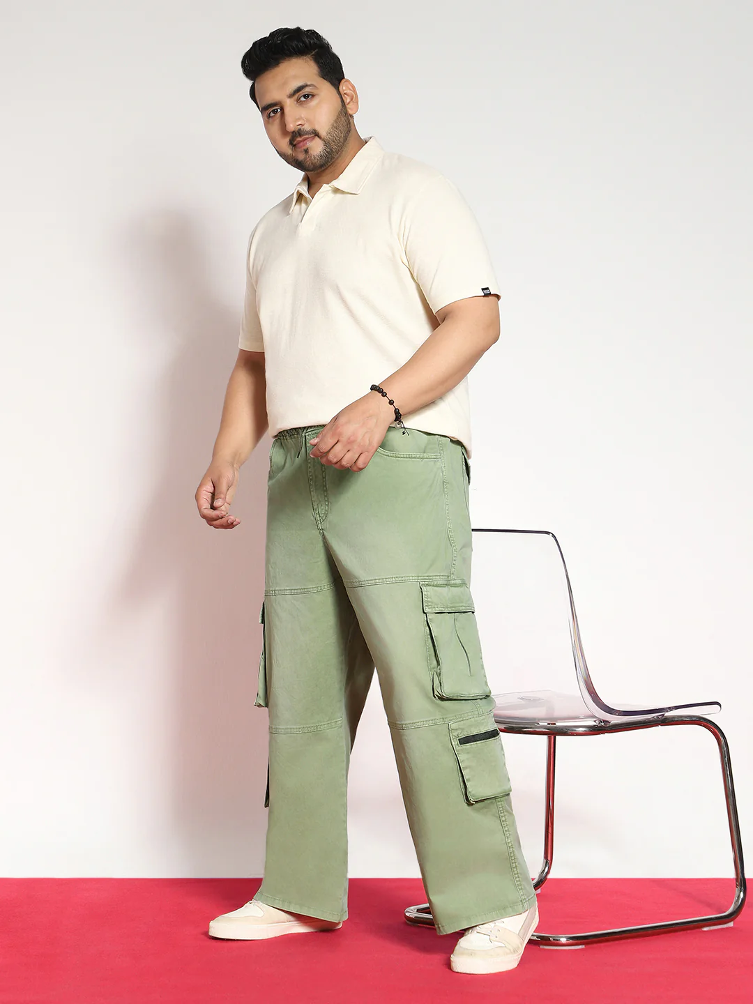 Plus Men's Olive Loose Baggy Fit Travel Cargo Jeans With 8 Pockets Stretchable - Image 4
