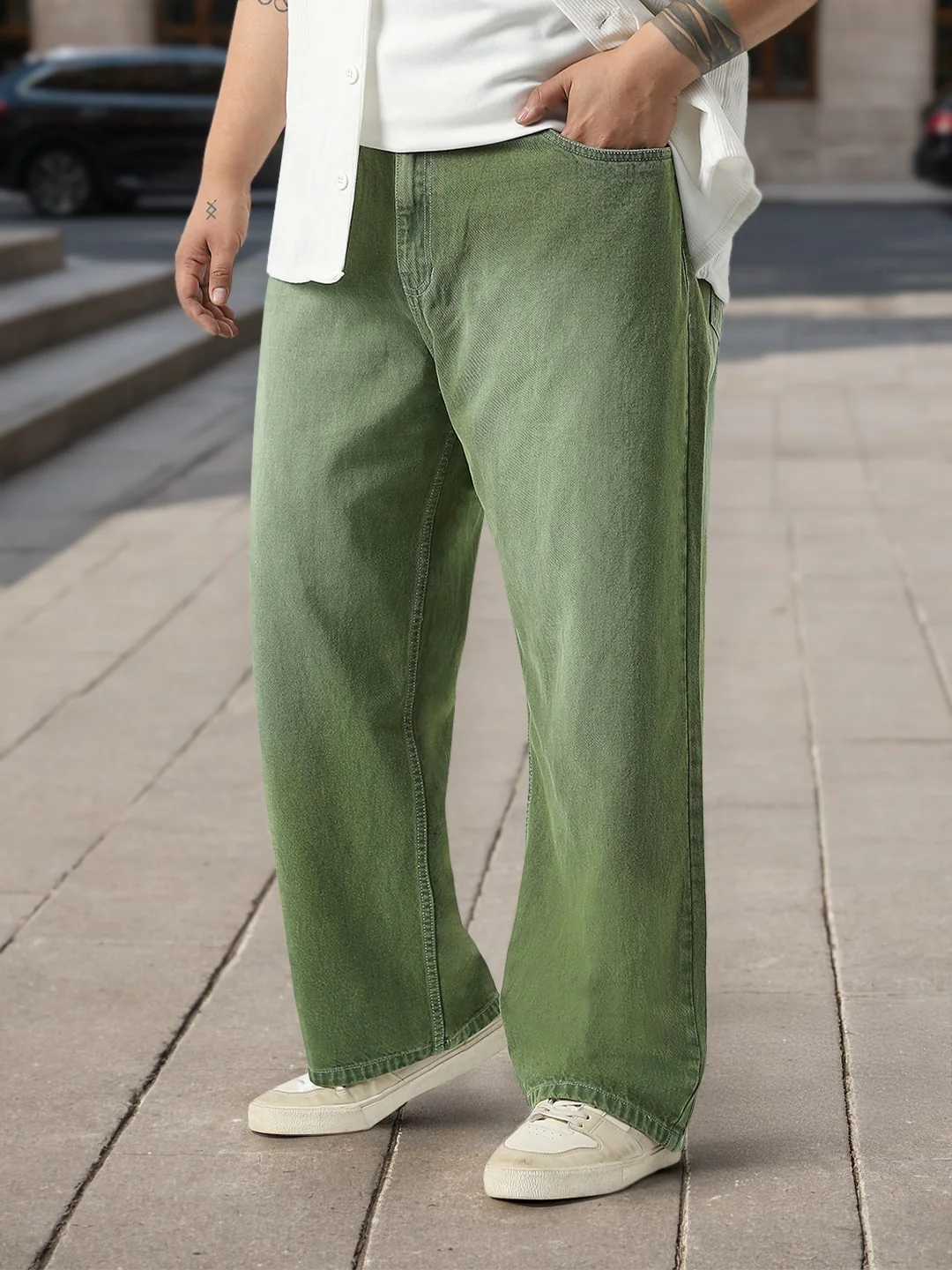 Plus Men's Olive Loose Baggy Fit Washed Jeans Non-Stretchable